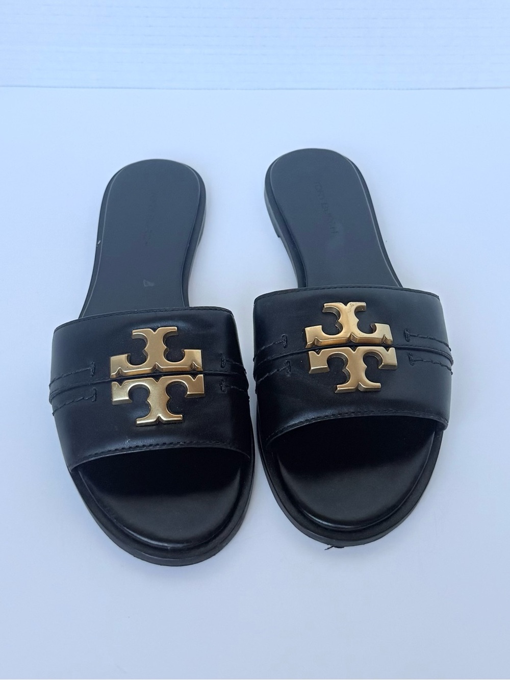 Tory Burch Black Leather Slide Sandals Gold Logo Size 6 – Good Used